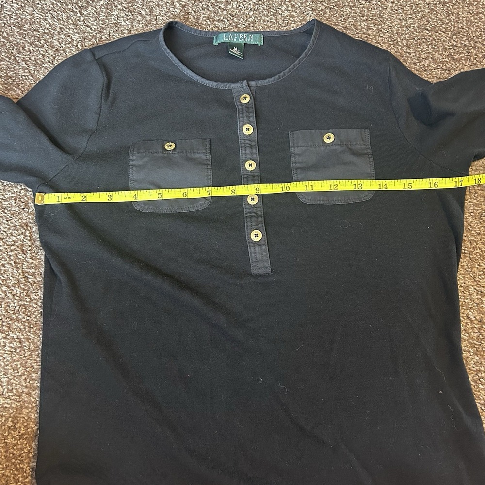 Lauren Ralph Lauren Black Cotton Henley Roll Tab Sleeve Top Gold Buttons Medium - Picture 5 of 6